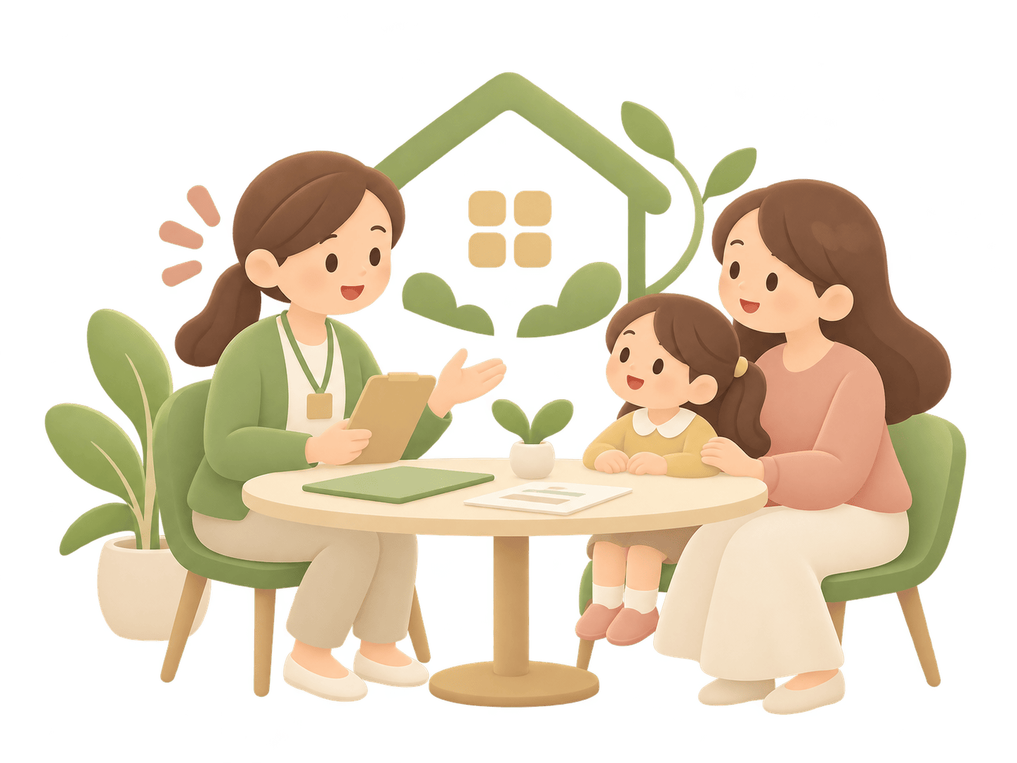 スタッフと保護者、お子さまが一緒に相談しているイラスト