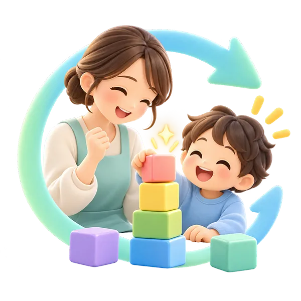子どもとスタッフが積み木に再挑戦する3Dイラスト