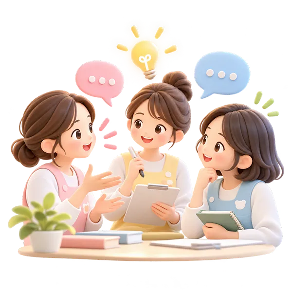 スタッフ3人が話し合い学び合う3Dイラスト