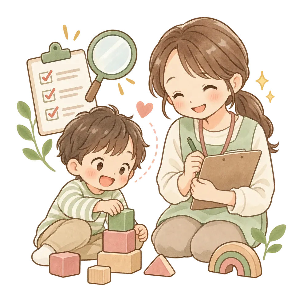 お子さまの様子を丁寧に確認するアセスメントのイラスト