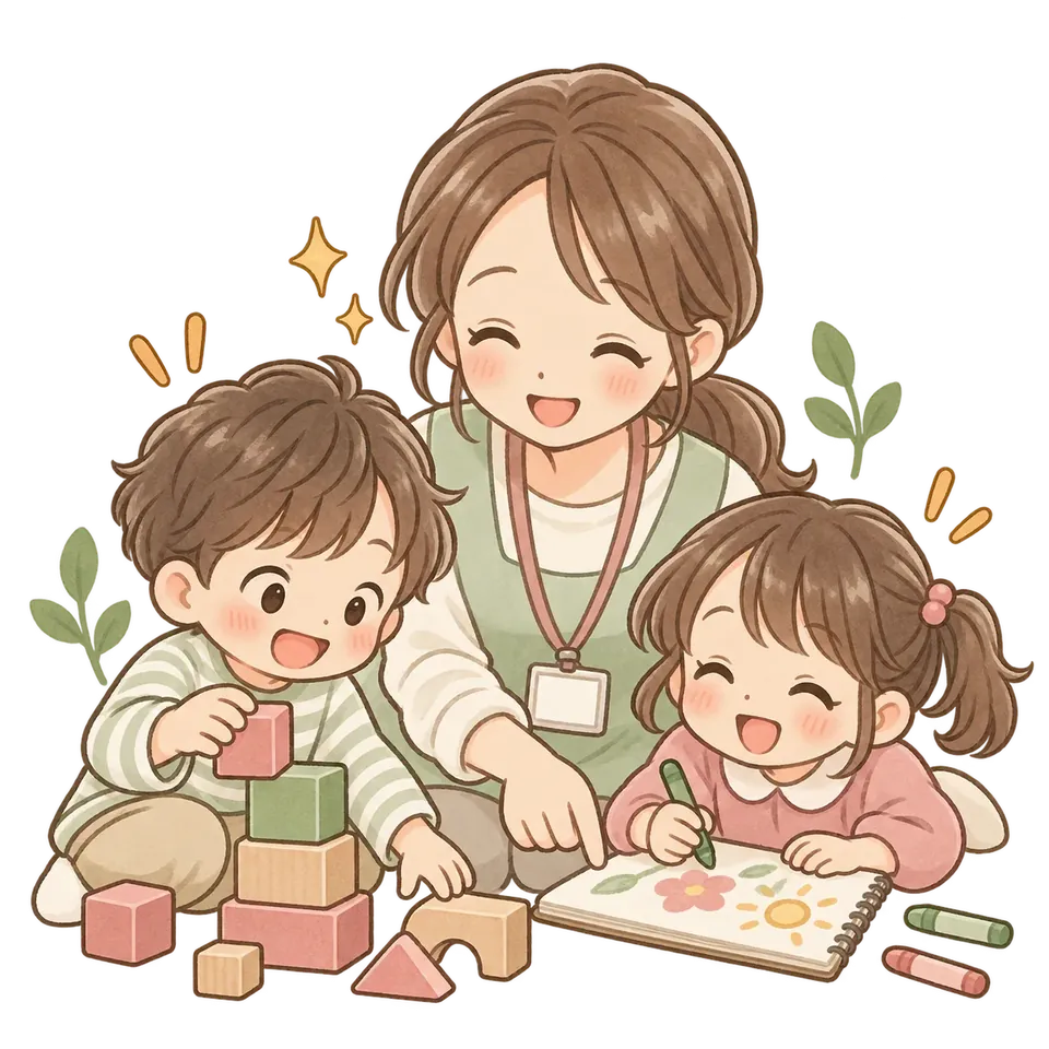 子どもたちと職員が一緒に活動する支援実施のイラスト