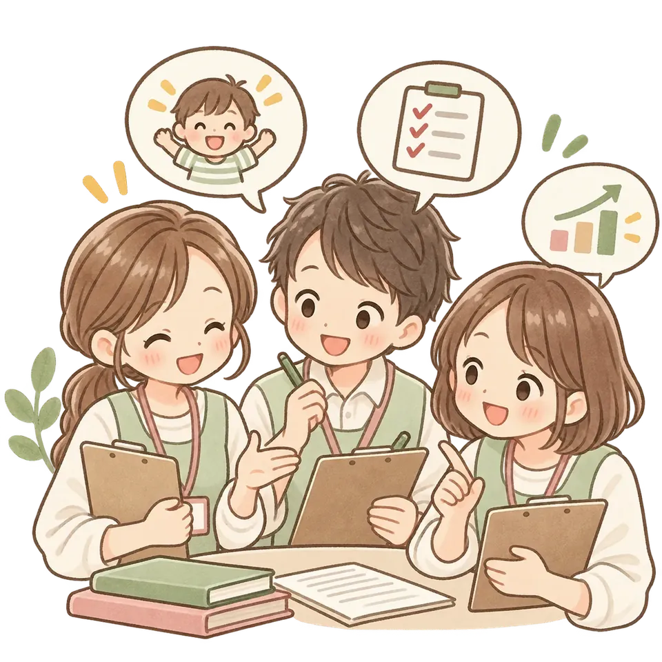 職員がチームで子どもの支援について振り返るイラスト