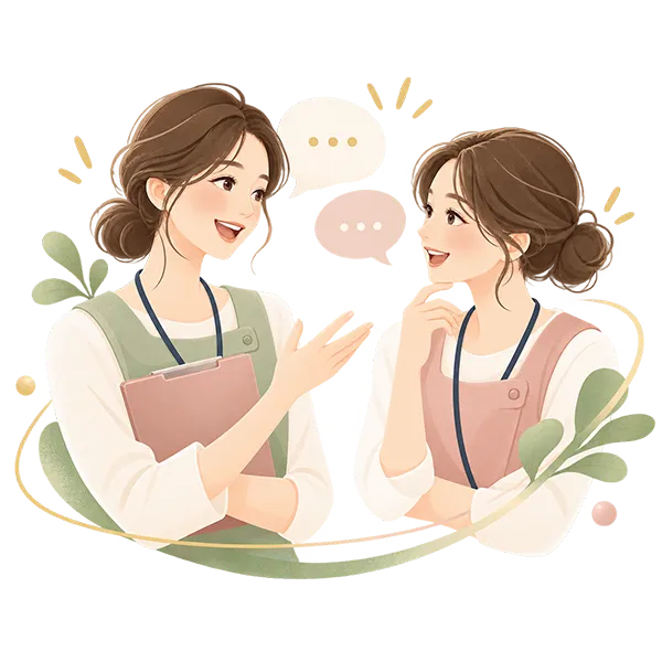 2人のスタッフが笑顔で話し合う、気づきを共有するイラスト