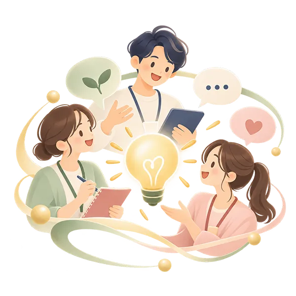 3人のスタッフがアイデアを出し合い、専門性を持ち寄るイラスト