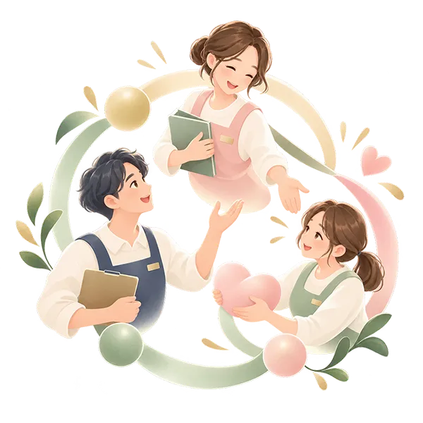3人のスタッフが支え合い、ハートをつなぐチームワークのイラスト