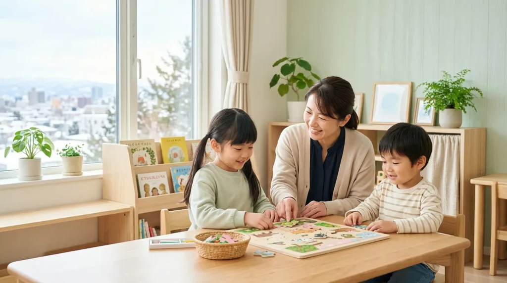 明るい教室で子どもたちと大人が一緒に教材を囲んで活動するイメージ