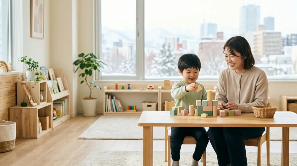 明るい室内で子どもと大人が積み木遊びを楽しむ発達支援のイメージ