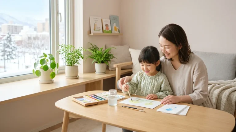 親子が窓辺のテーブルで一緒に絵を描きながら穏やかに過ごすイメージ