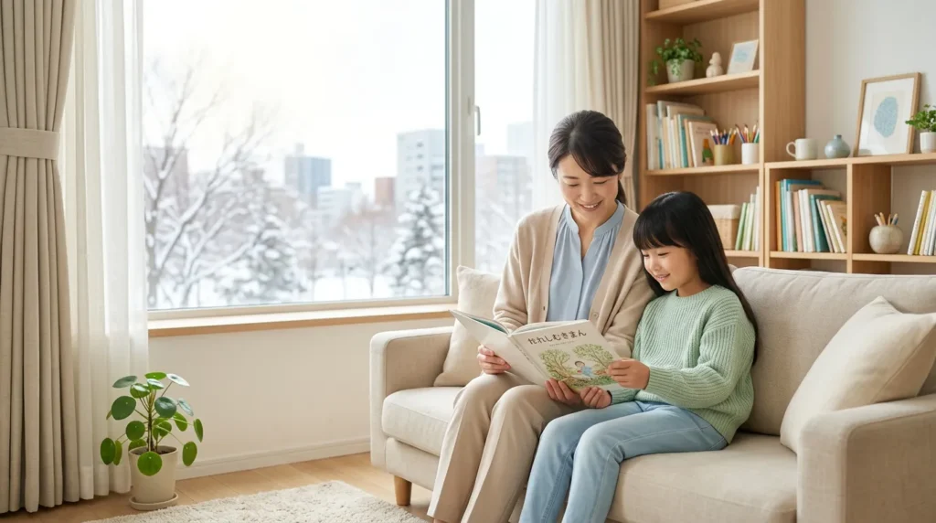 明るい室内のソファで親子が寄り添いながら絵本を読む安心できる時間のイメージ