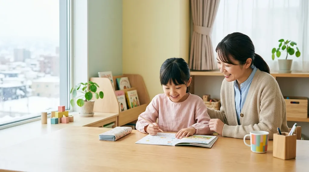 子どもが教材を使って学習に取り組み、大人が隣でやさしく見守るイメージ