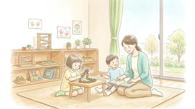 子ども二人と大人が明るい教室で遊びや学びの時間を過ごすイラスト