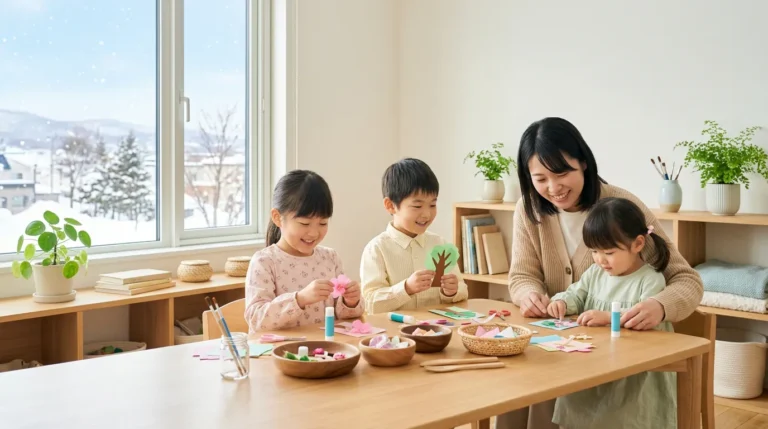 子どもたちが大人と一緒に色紙を使った工作を楽しむイベントのイメージ