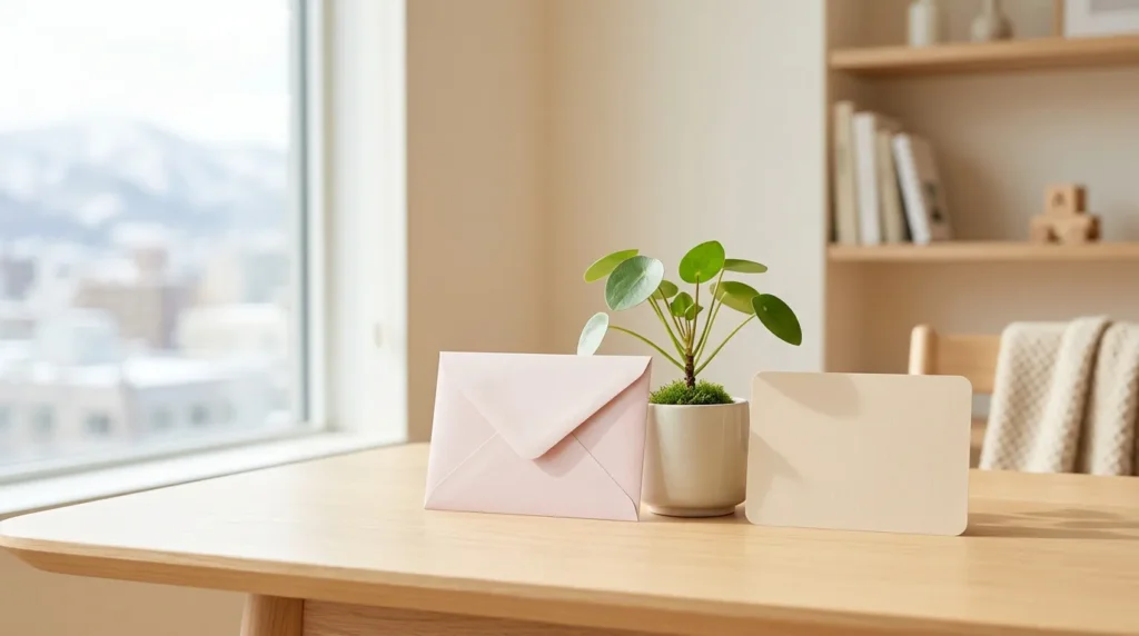 明るい窓辺のテーブルに置かれた封筒と観葉植物、案内カードのイメージ