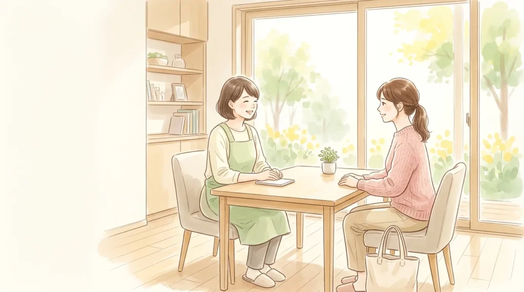 明るい相談スペースで二人の女性が穏やかに話し合う様子を描いたイラスト