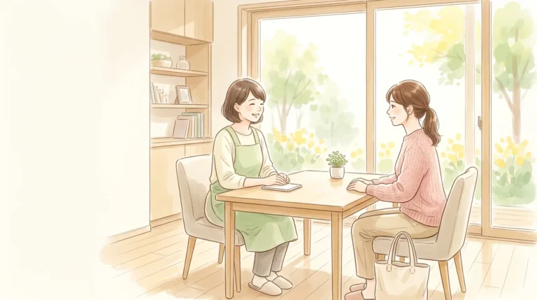 明るい相談スペースで二人の女性が穏やかに話し合う様子を描いたイラスト