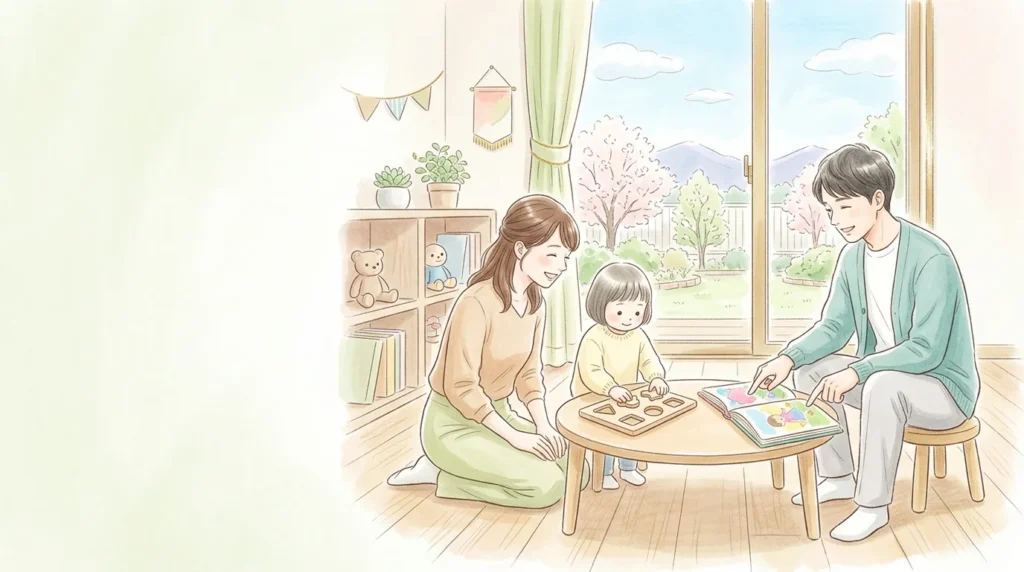 大人二人が子どもと一緒に絵本や知育玩具を囲む温かな関わりを描いたイラスト