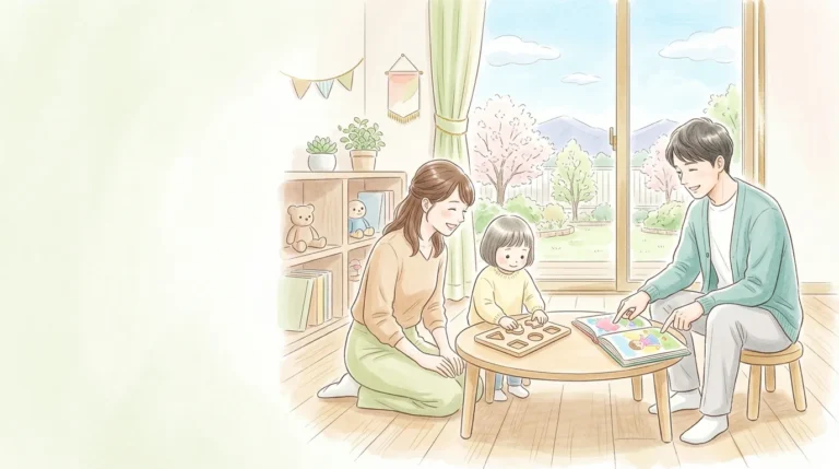 大人二人が子どもと一緒に絵本や知育玩具を囲む温かな関わりを描いたイラスト
