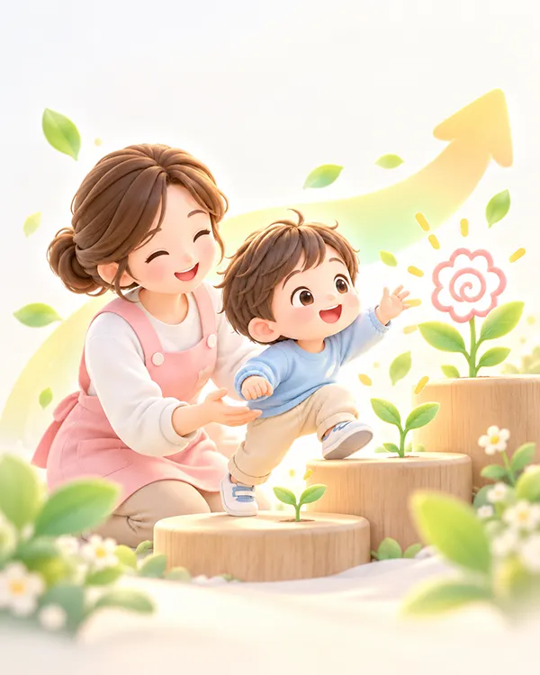 子どもの成長を隣で支えながら、一緒に未来へ進むスタッフの3Dイラスト