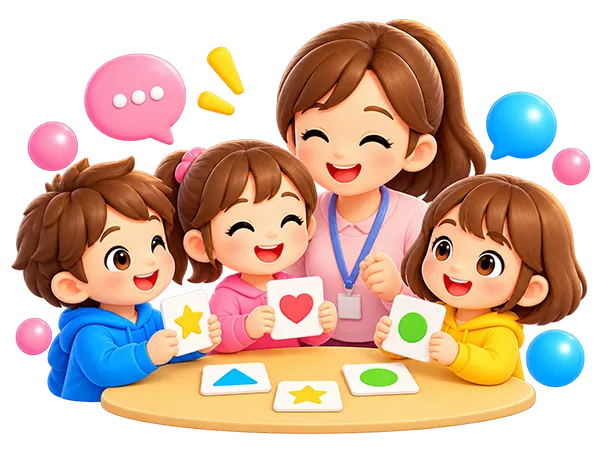 スタッフと子どもたちがカードを使いながら楽しく関わるイラスト