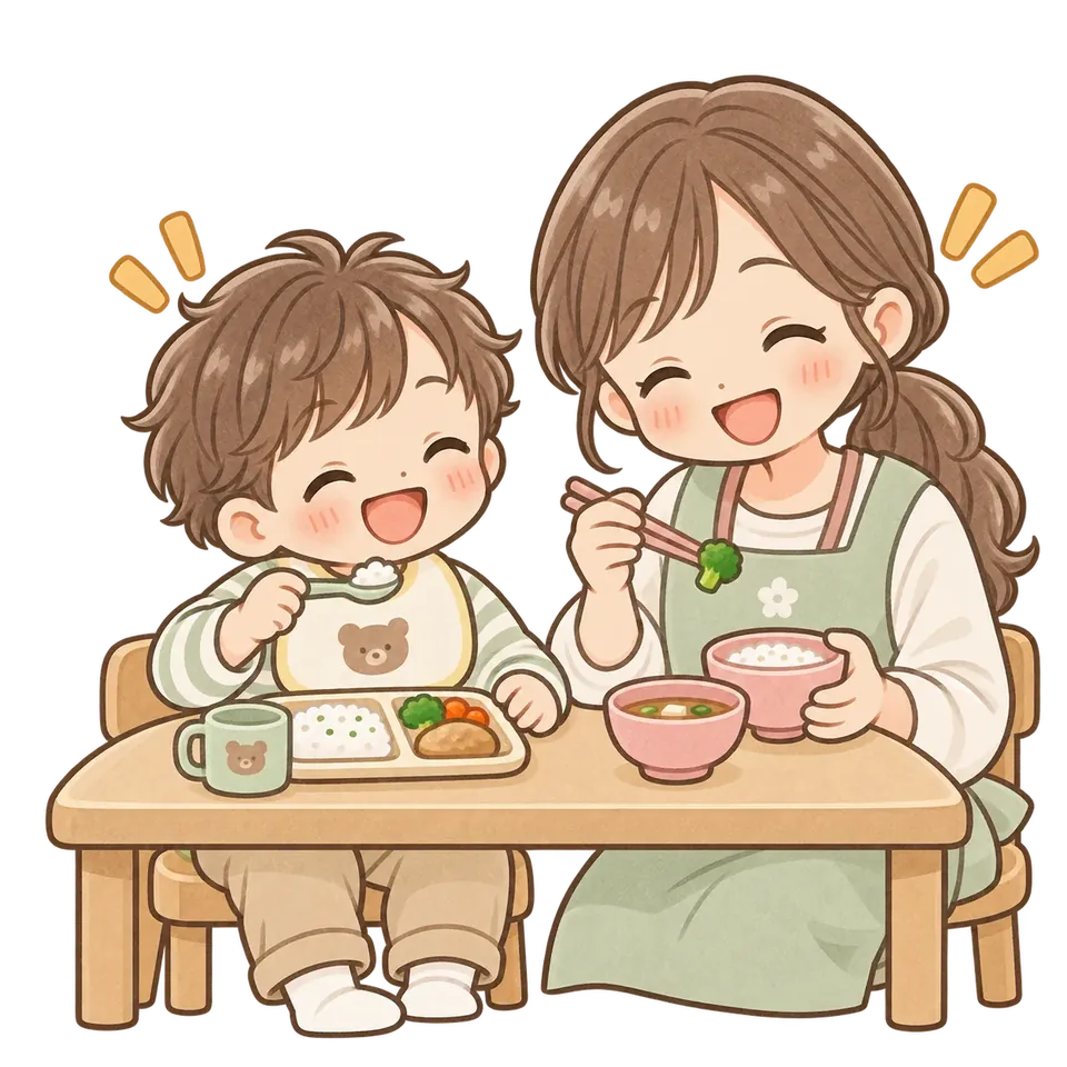 職員と子どもが一緒に昼食を楽しむイラスト