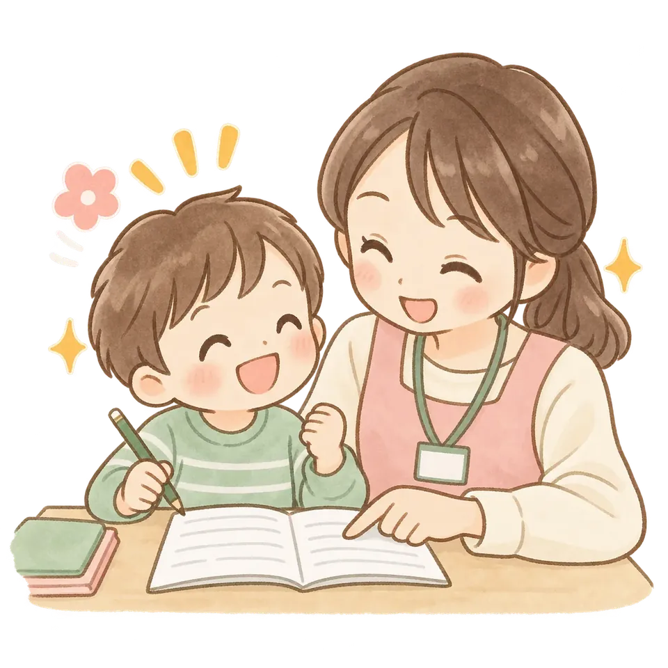 職員と一緒に楽しく学習する子どものイラスト