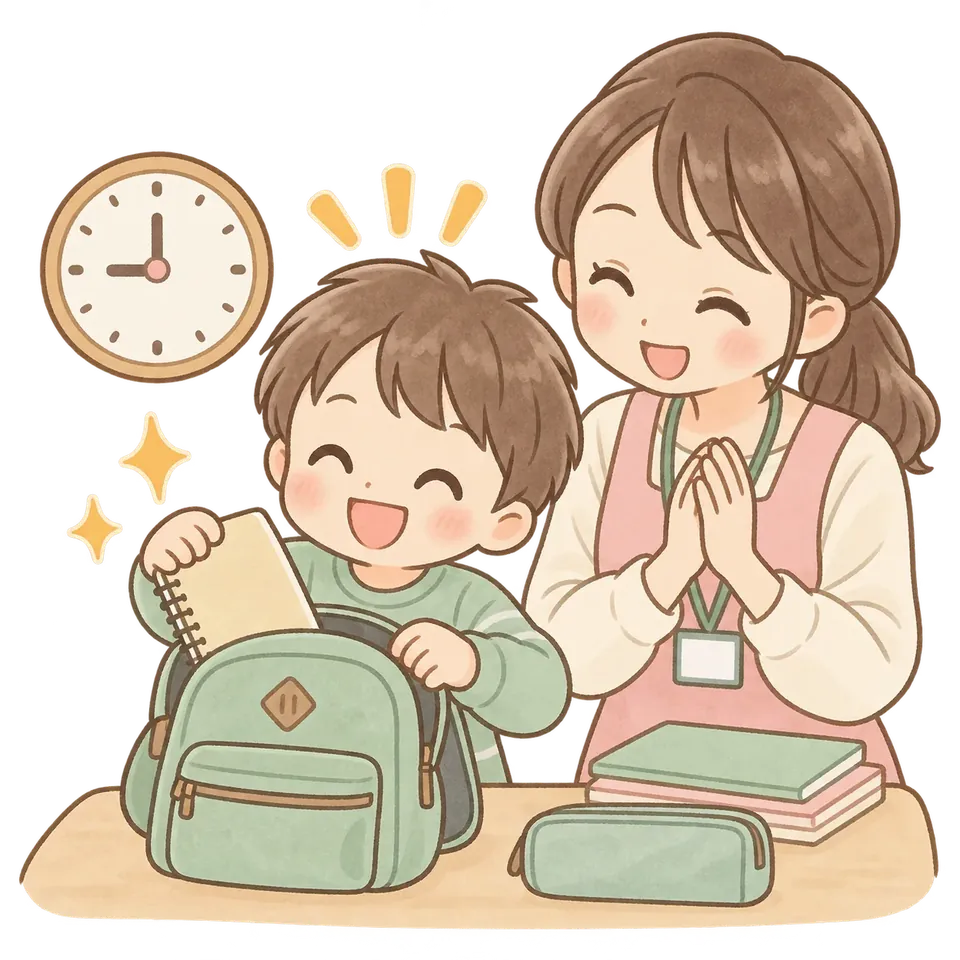 自分で持ち物を準備する子どもと見守る職員のイラスト